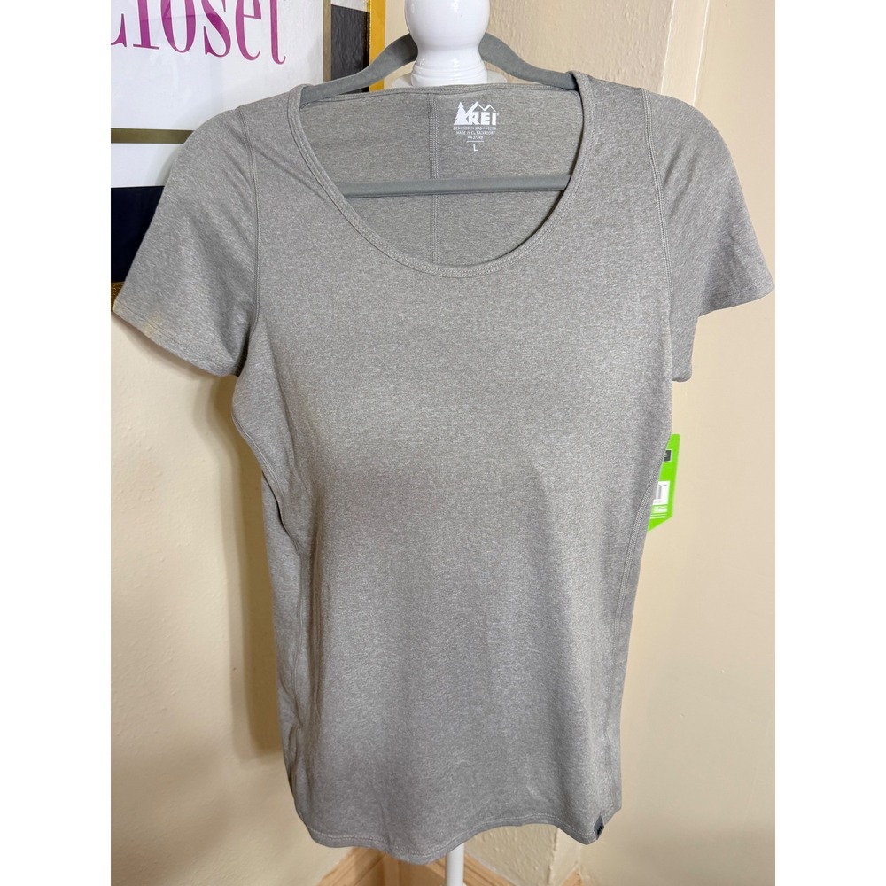 REI Sahara Tee Womens Large Opal Gray Heather Short Sleeve Hiking Shirt UPF 50+